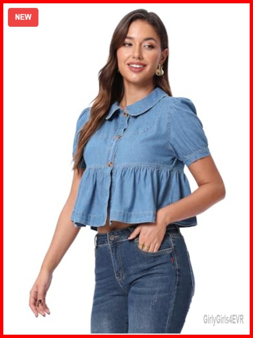 Peter Pan Collar Denim Blouse Ruched Puff Sleeve Peplum Button Front Top